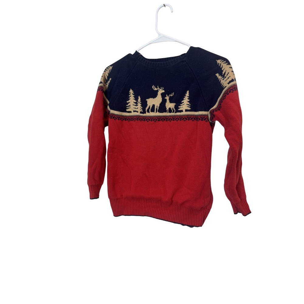 Janie And Jack Sweater Kids 10 Red Navy Deer Forest Knit Holiday Winter Pullover